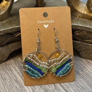Handmade Ocean Wave Land Beaded Hoop Earrings – Blue & Green Boho Dangles